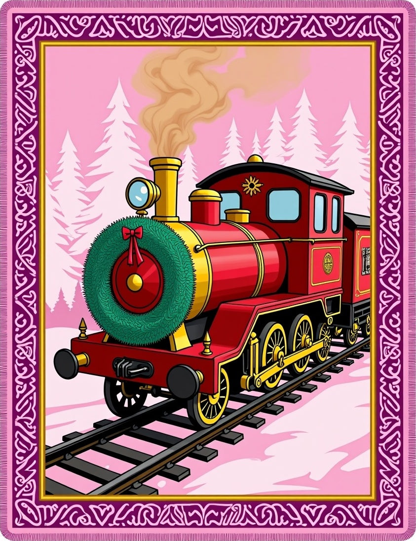 Red Vintage Train Winter Scene Rug