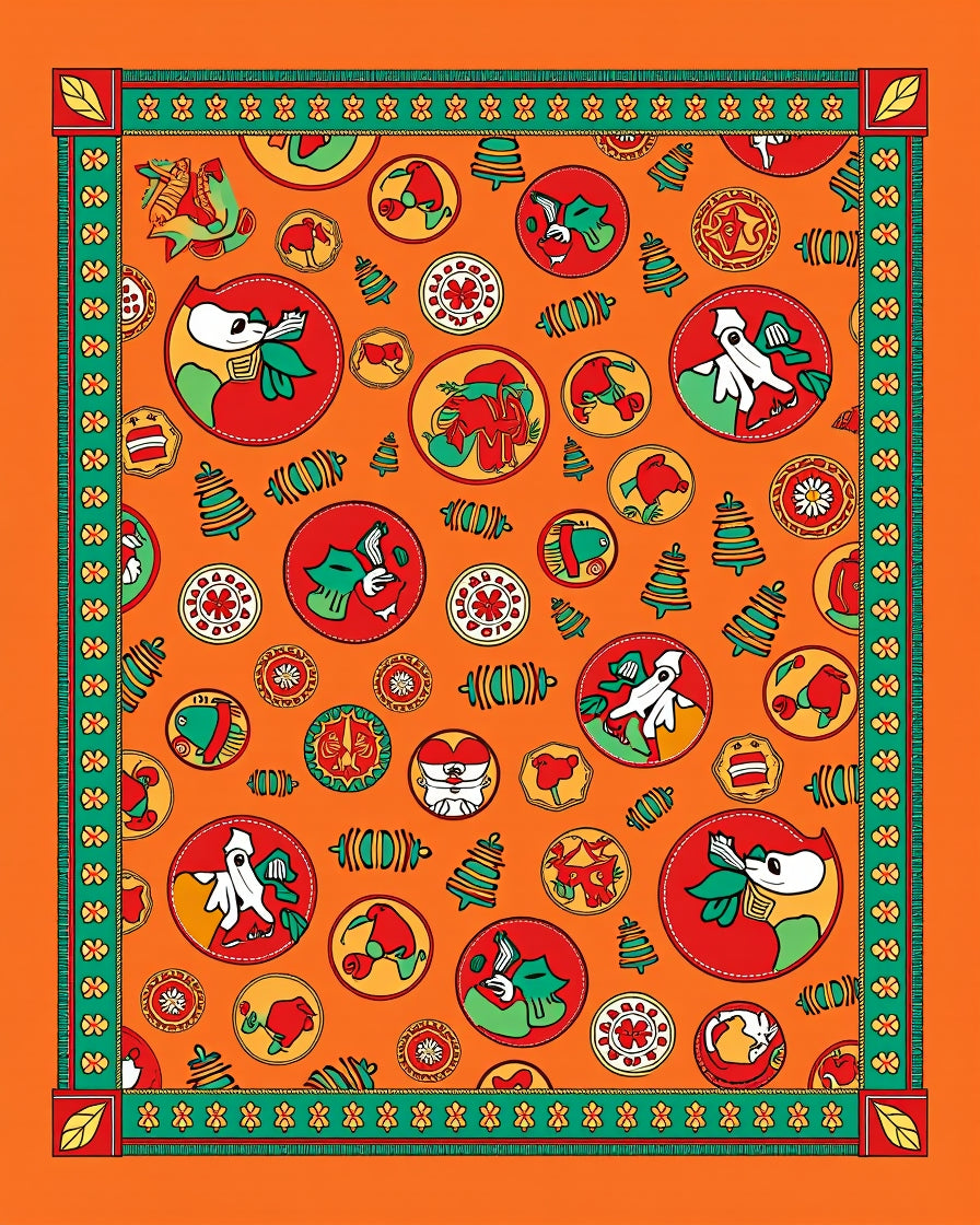 Orange Whimsical Folk Art Creatures Rug