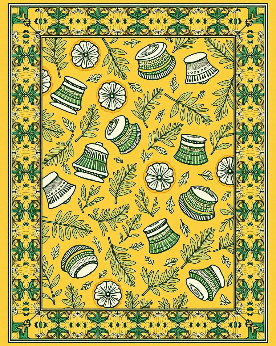 Golden Yellow Floral Bell Border Rug