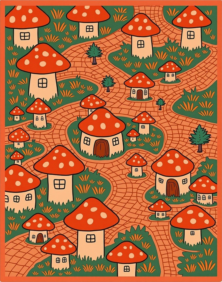 Whimsical Woodland Mushroom Village Rug
