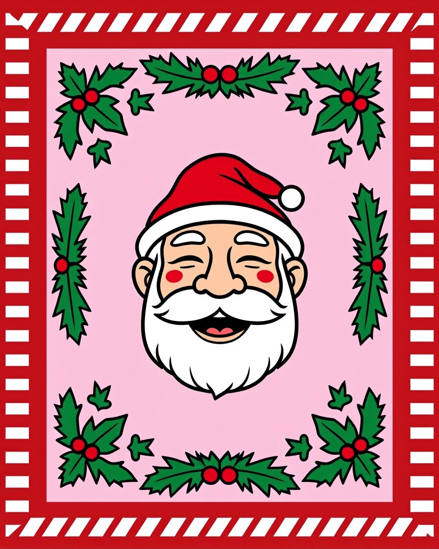 Pink Santa Claus Holly Wreath Border Rug