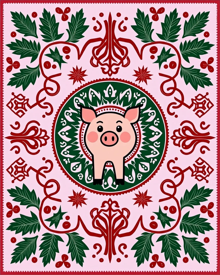 Pink Pig With Green Leaf Border Rug