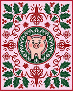 Pink Pig With Green Leaf Border Rug