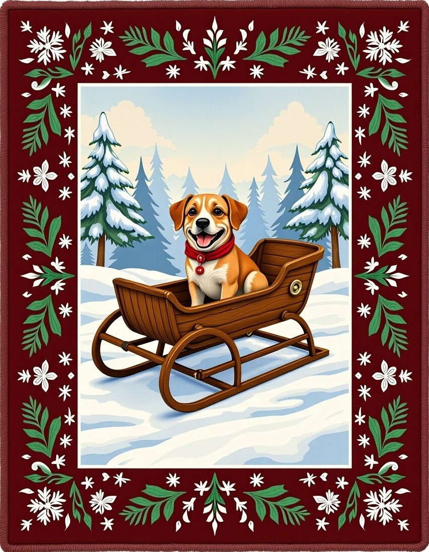 Cheery Dog in Sleigh Winter Forest Rug
