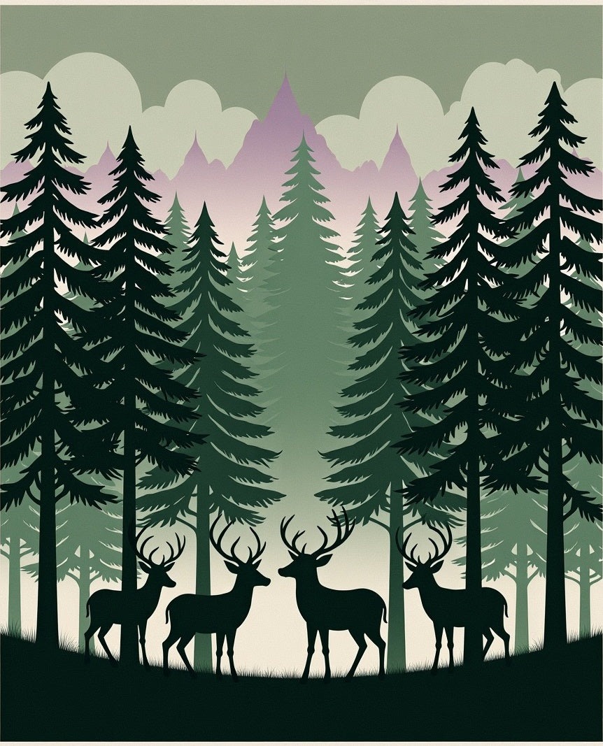 Forest Herd Woodland Deer Conifer Grove Rug