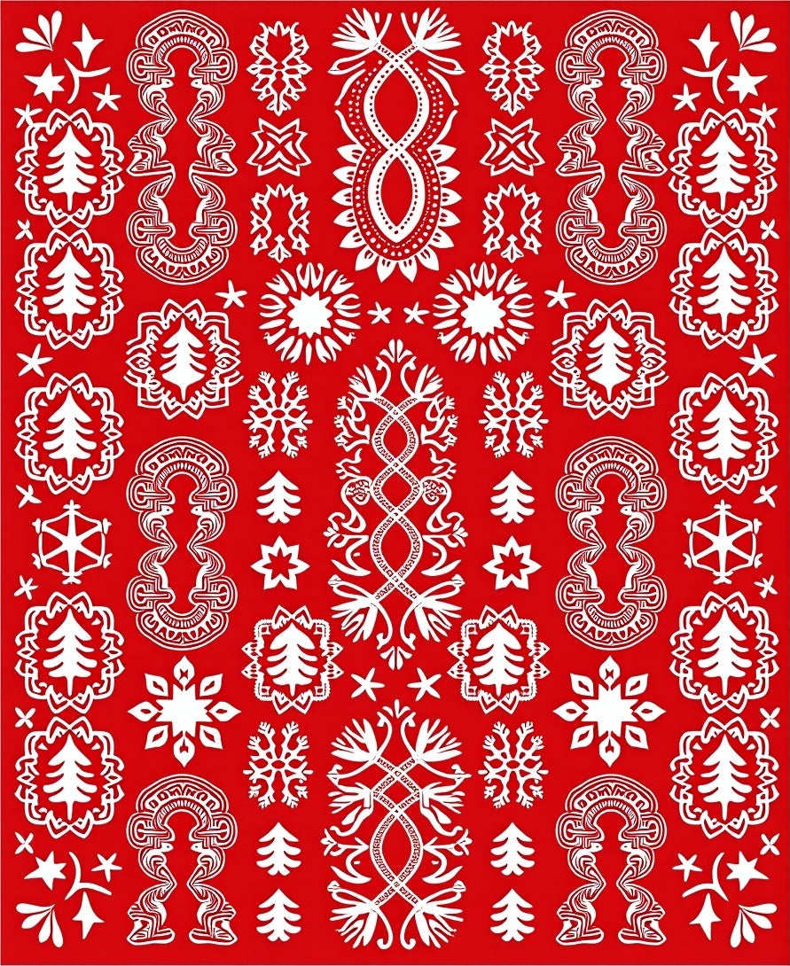 Crimson Festive Folk Art Trees Rug