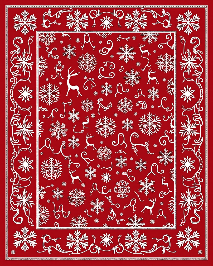 Red White Snowflake Reindeer Winter Border Rug