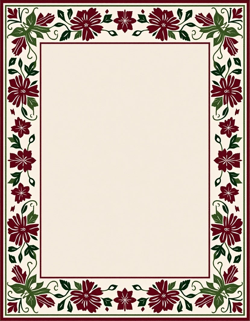 Crimson Green Floral Vine Border Rug