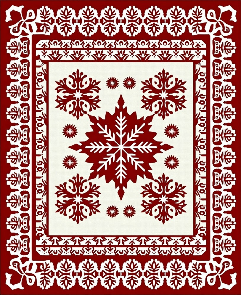Crimson White Snowflake Medallion Border Rug