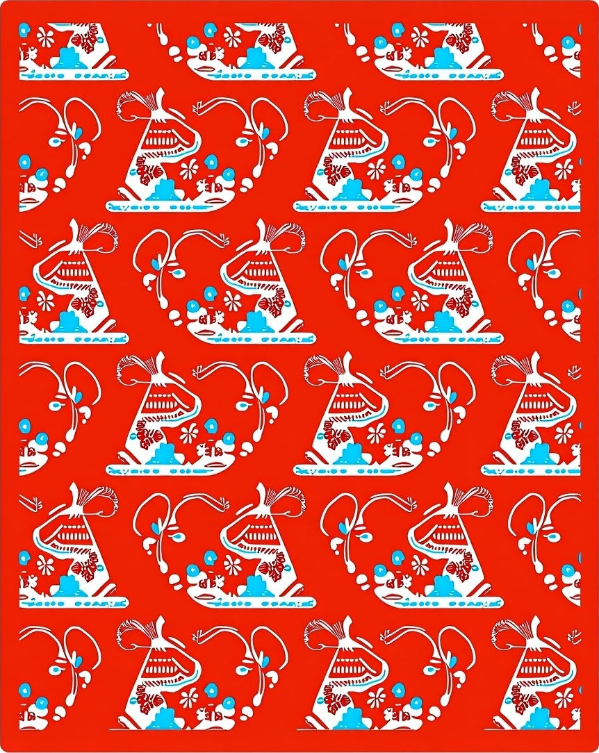 Vibrant Red White Blue Floral Teapot Rug