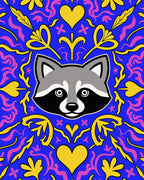 Vibrant Raccoon Blue Yellow Heart Swirl Rug