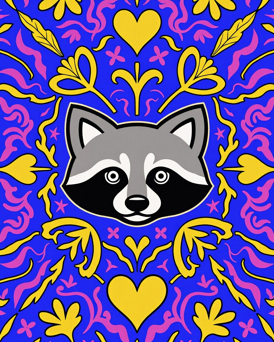 Vibrant Raccoon Blue Yellow Heart Swirl Rug
