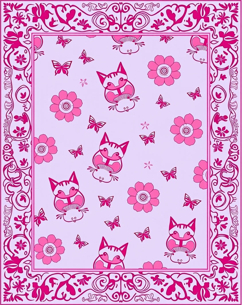Pink Foxy Floral Butterfly Border Rug
