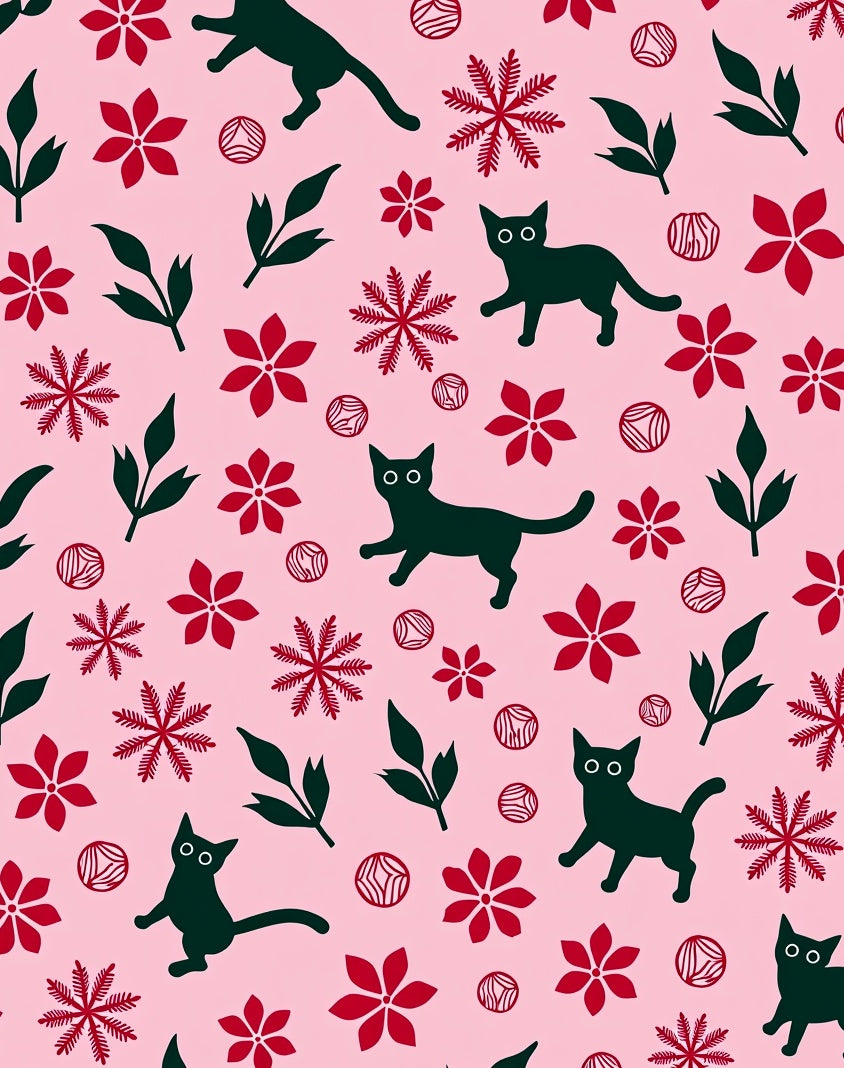Pink Black Red Cat Floral Snowflakes Rug