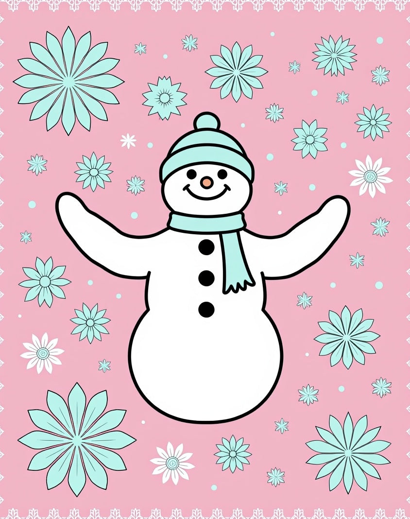 Pink Snowman Floral Whimsical Snow Rug