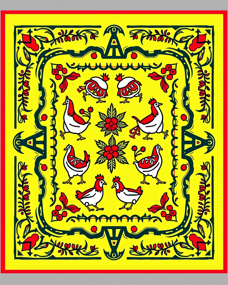 Yellow Red Folk Art Chicken Floral Rug