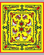 Yellow Red Folk Art Chicken Floral Rug