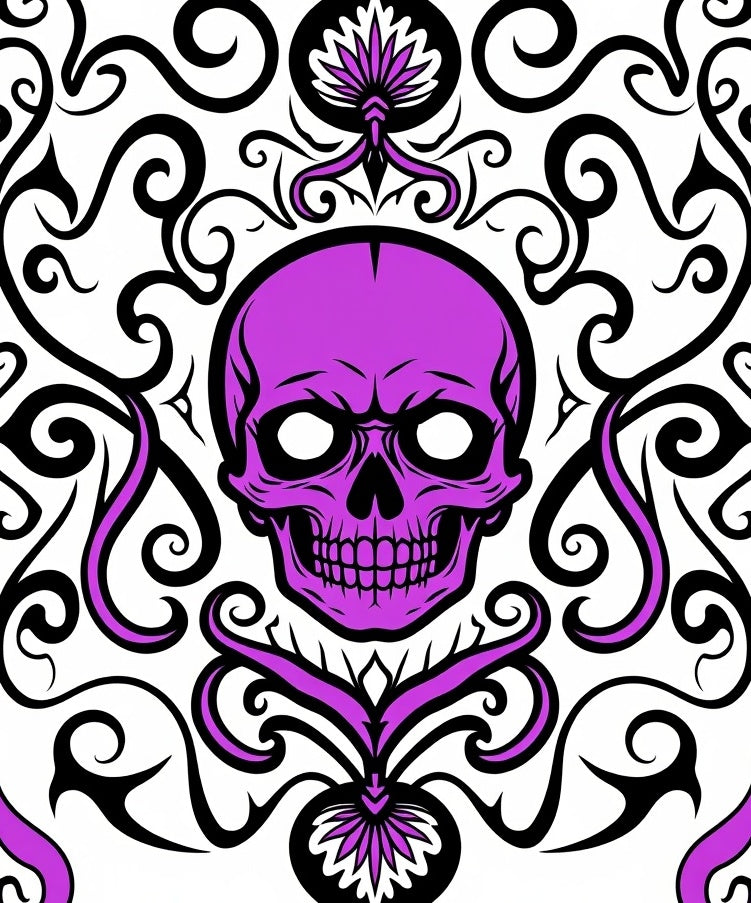 Vivid Purple Skull Floral Swirl Accent Rug
