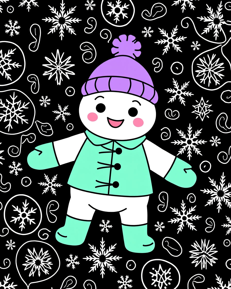 Cute Snowman With Purple Hat Snowflake Background Rug