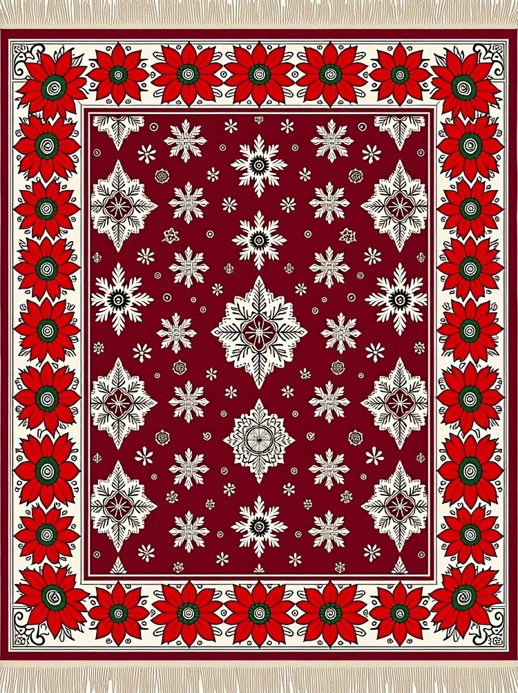 Crimson Red Snowflake Floral Border Rug
