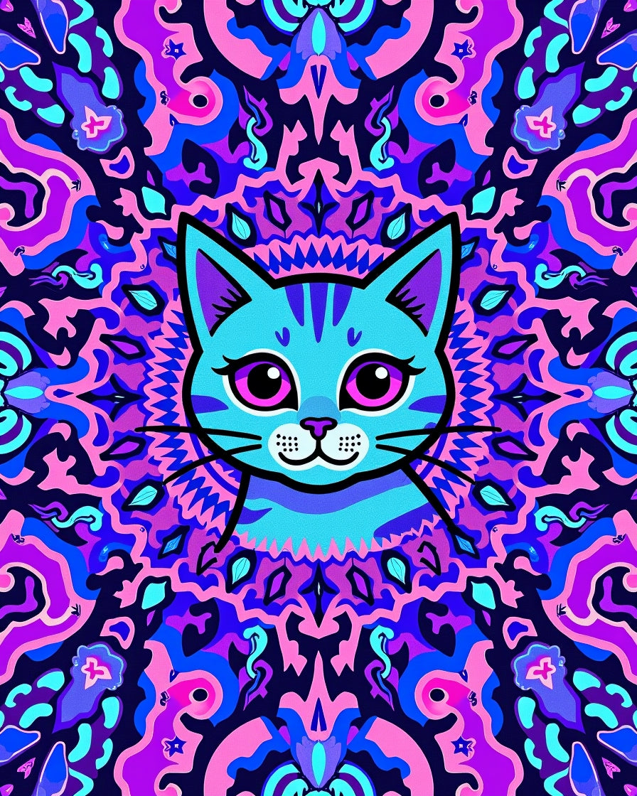 Psychedelic Blue Cat Mandala Vibrant Rug