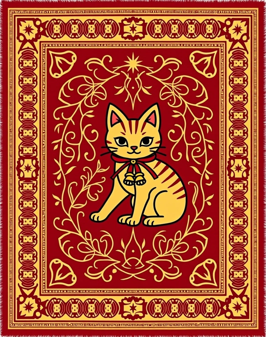 Golden Cat With Bells Red Rug