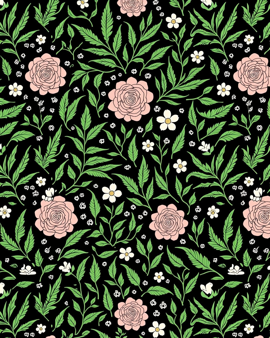 Black Pink Floral Garden Vines Rug