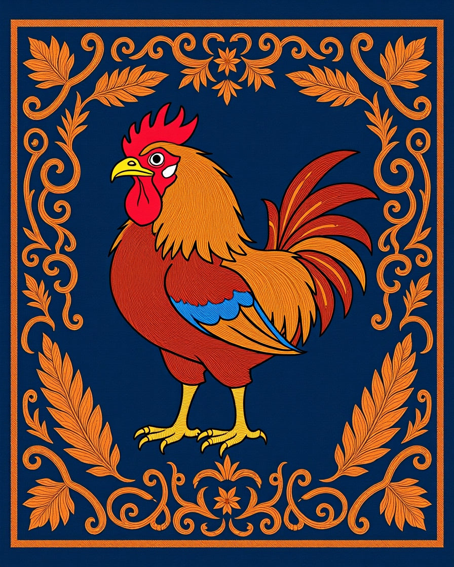 Ornate Rooster Navy Border Rug