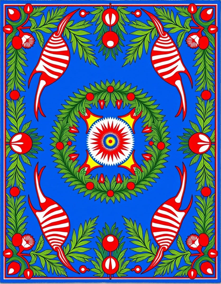 Vibrant Blue Red Green Floral Creature Rug
