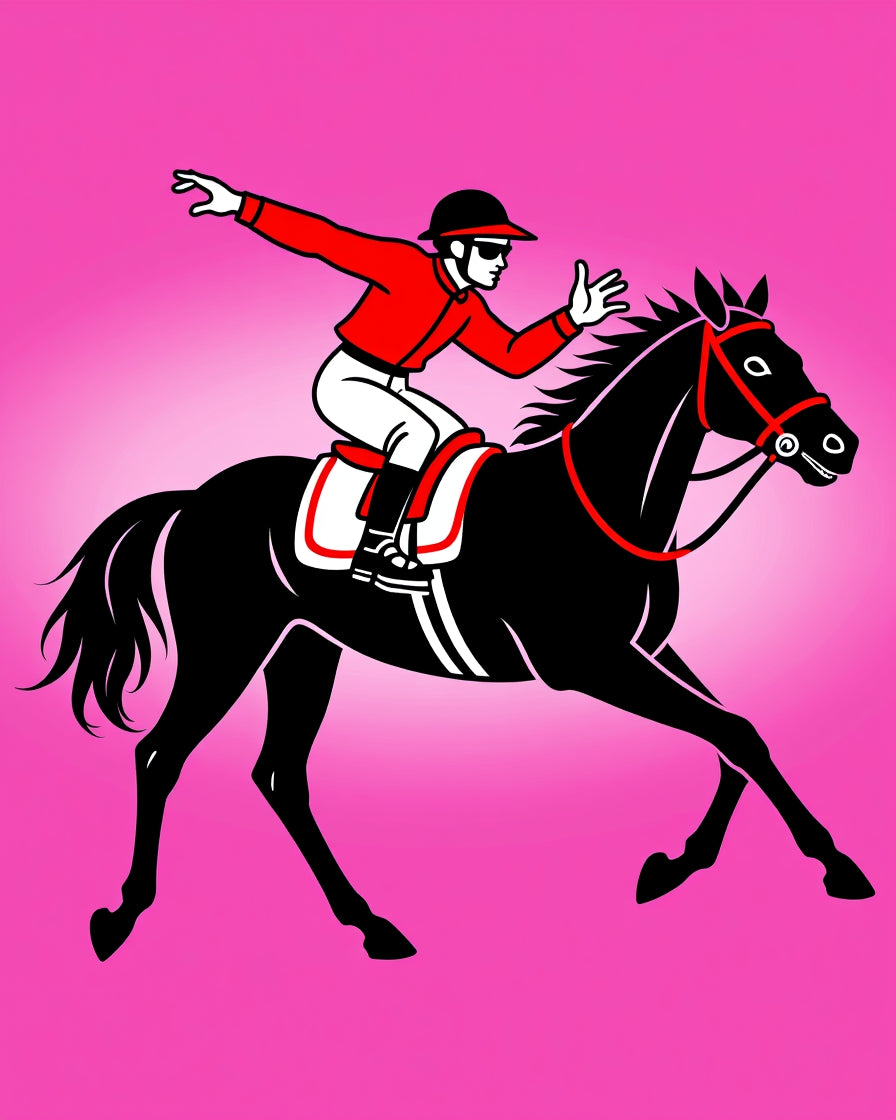 Jockey Riding Black Horse Pink Background Rug