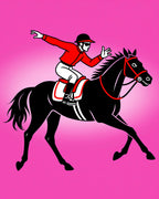 Jockey Riding Black Horse Pink Background Rug