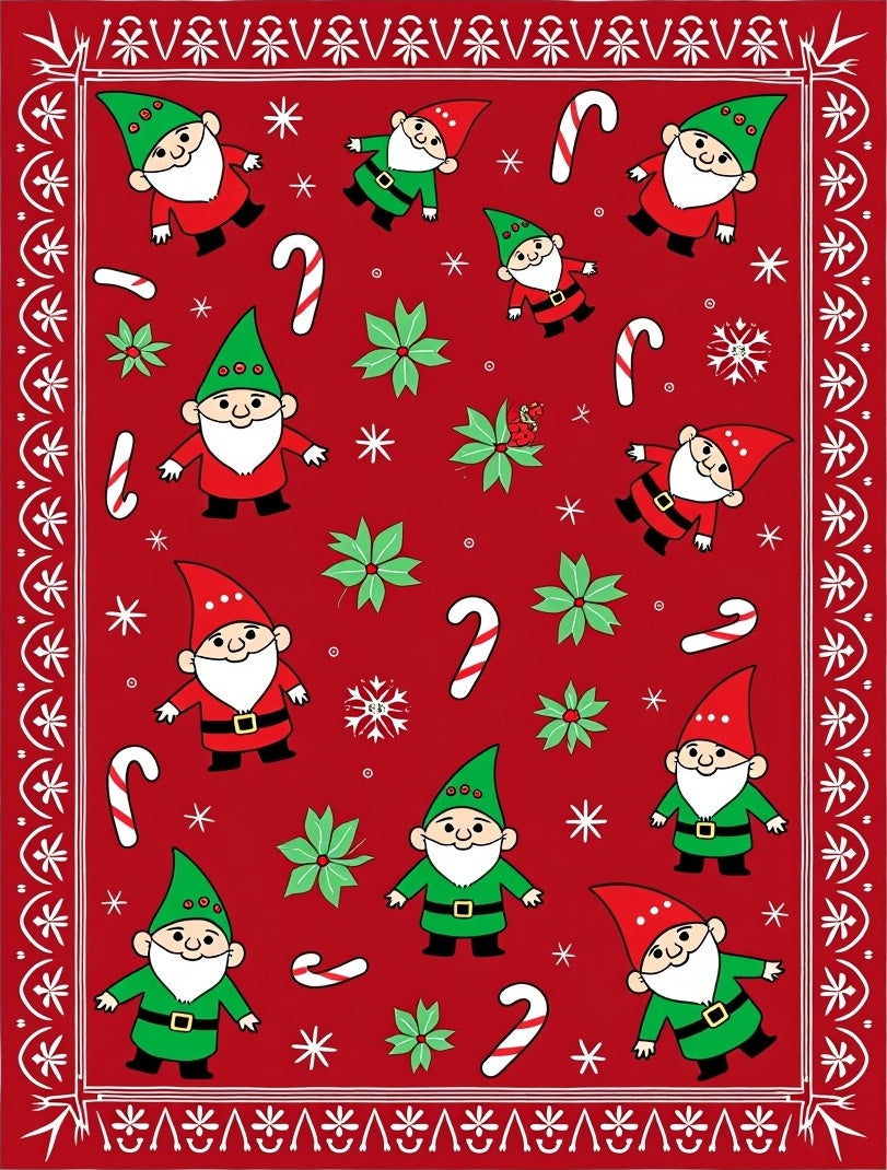 Red Festive Gnomes Candy Cane Holiday Rug