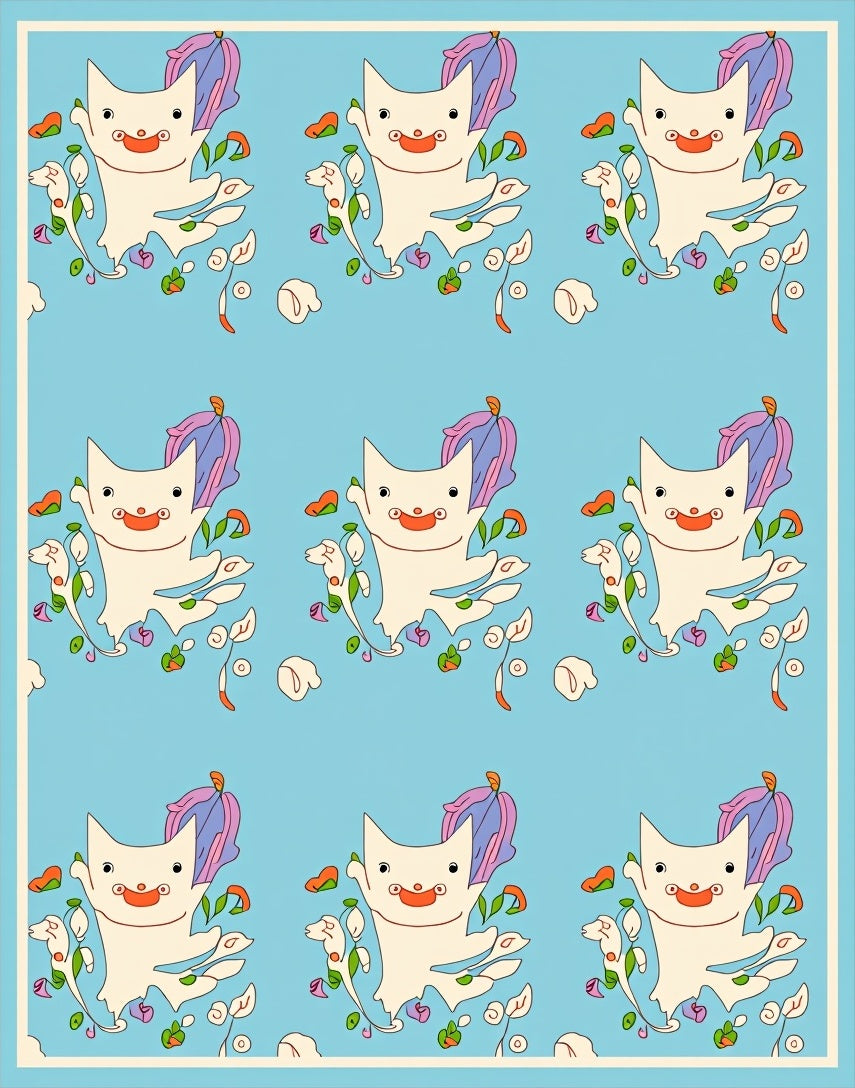 Playful White Cat Floral Medallion Rug