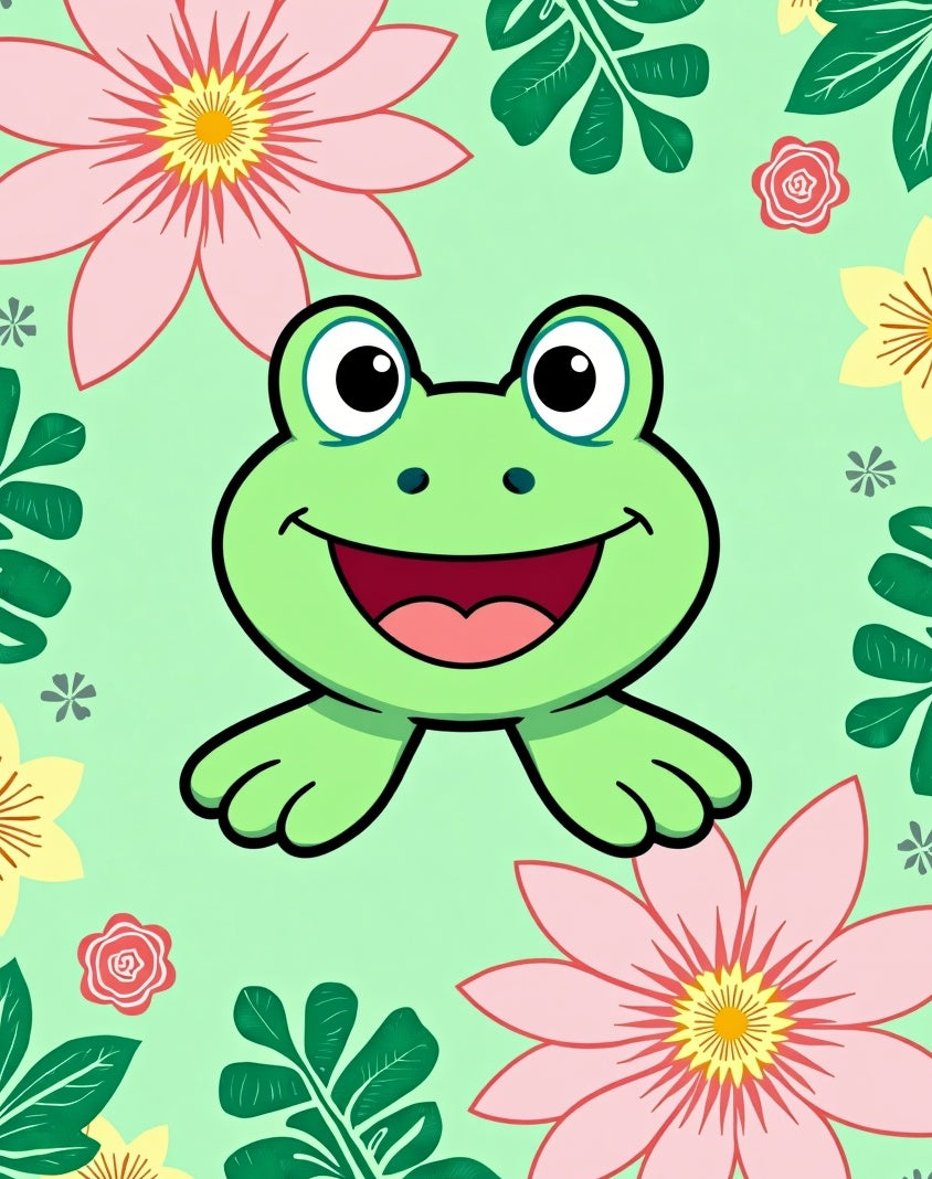 Whimsical Green Frog Floral Garden Rug