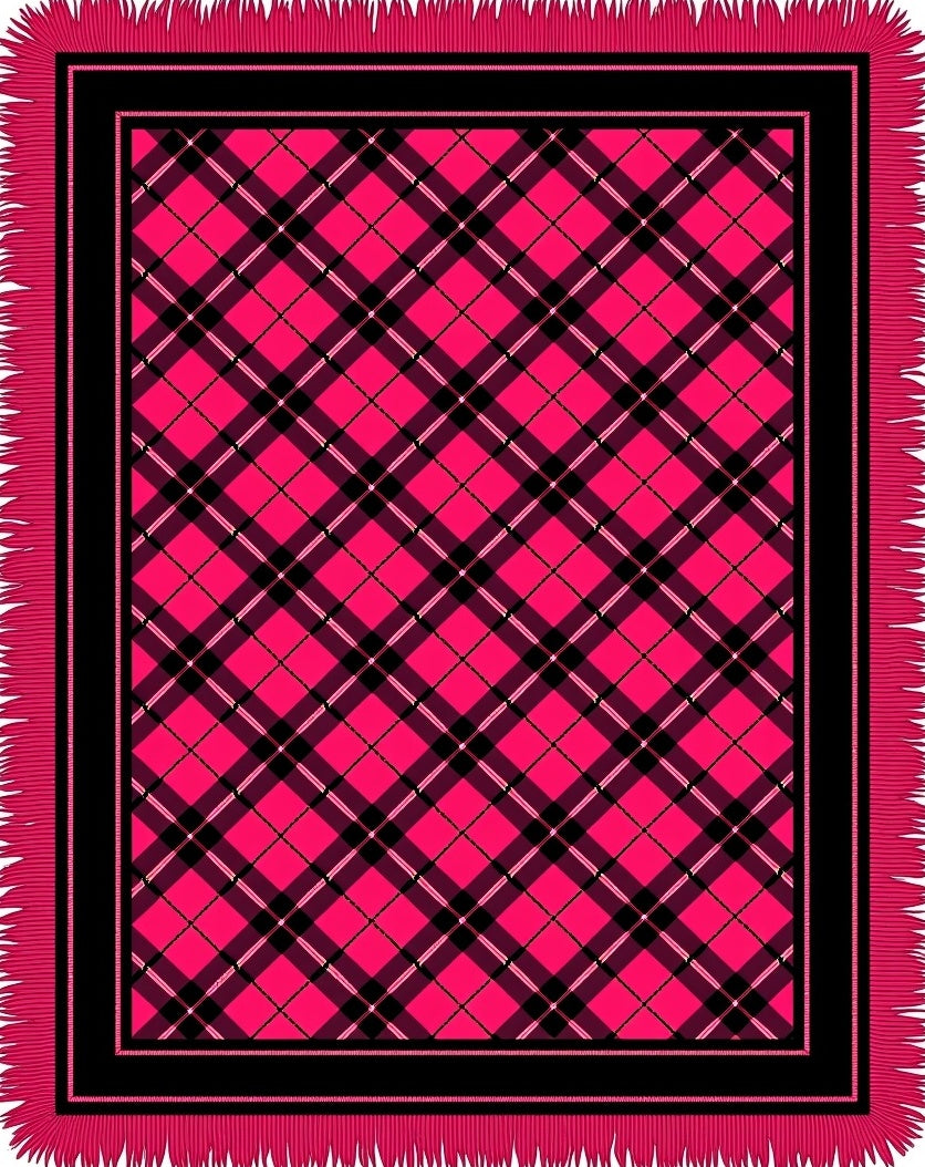 Vibrant Pink Black Plaid Fringe Rug