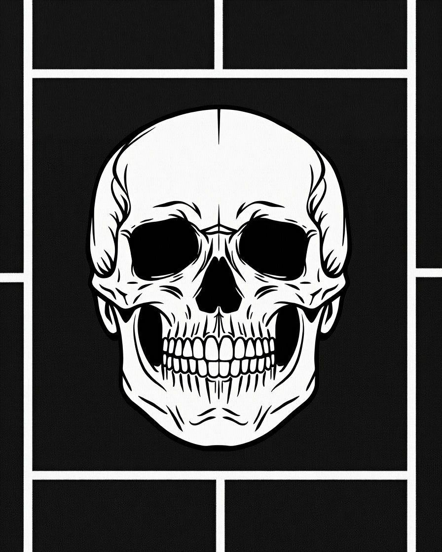 Striking White Skull Black Geometric Rug