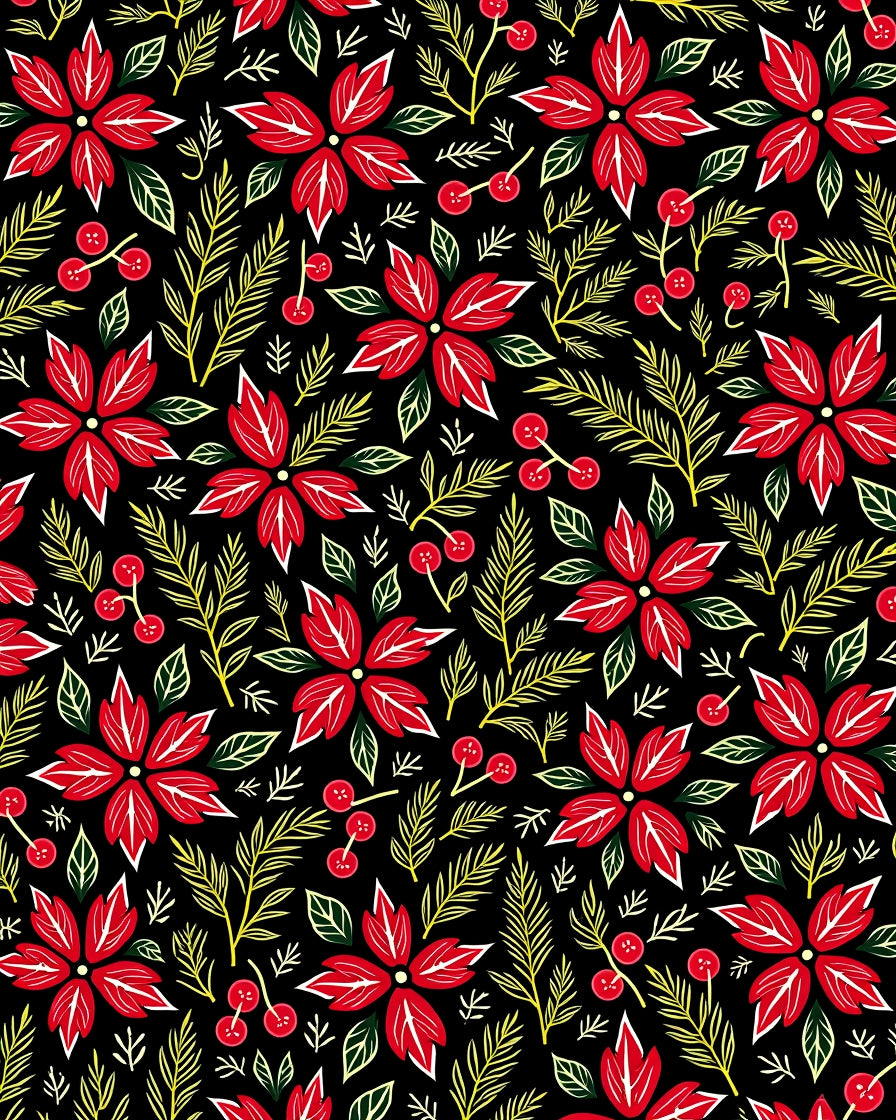 Red Poinsettia Floral Berry Garland Rug