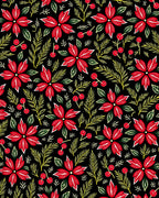 Red Poinsettia Floral Berry Garland Rug