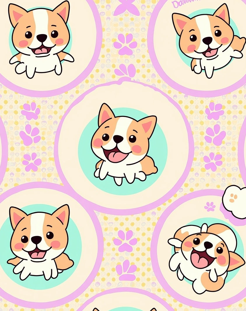 Whimsical Corgi Circles Paw Print Pastel Rug