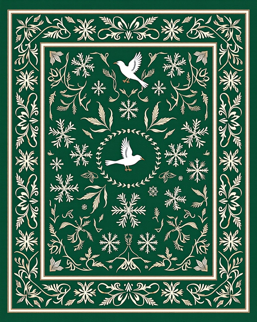 Emerald Green White Bird Snowflake Border Rug