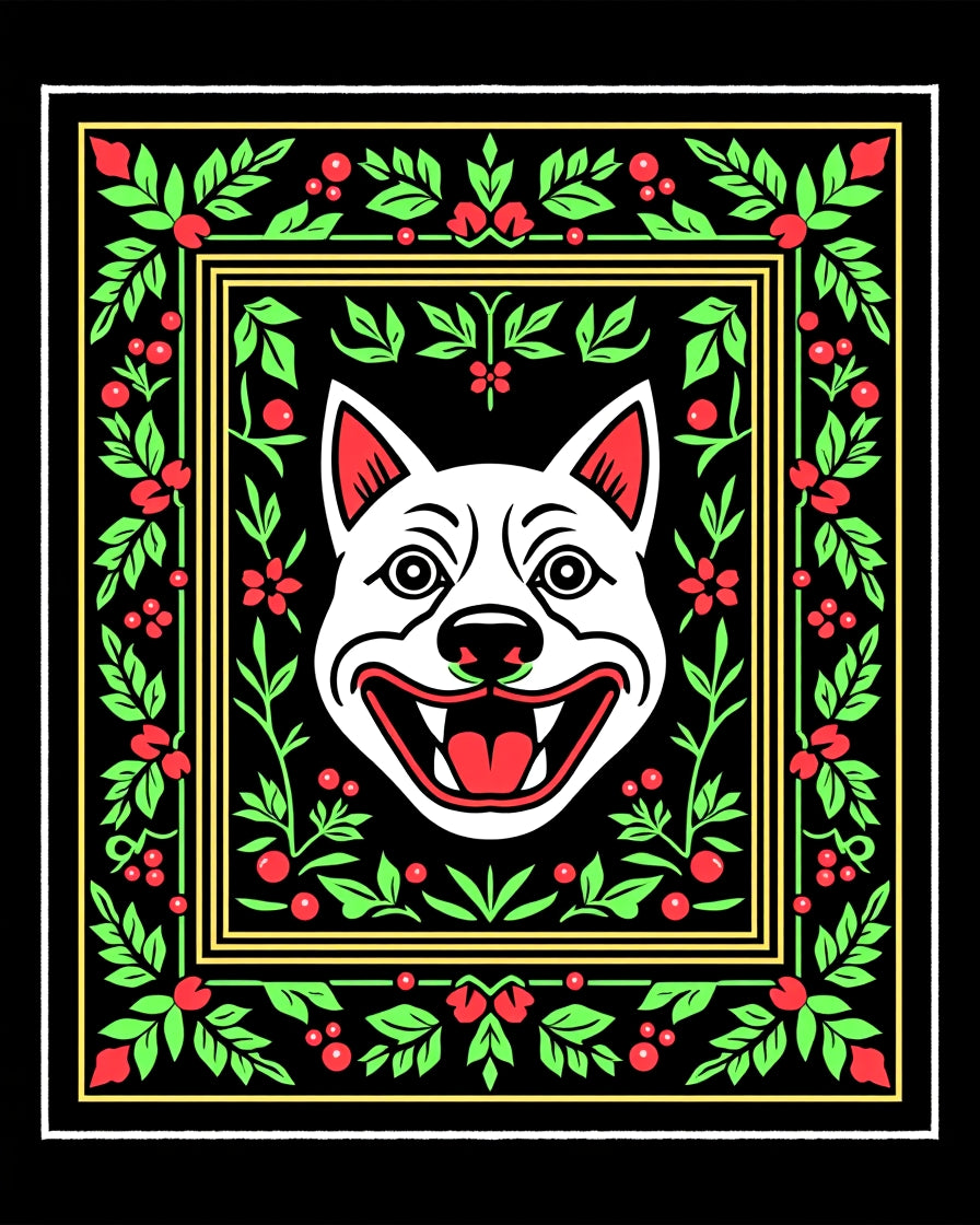 Bold White Dog Floral Border Rug
