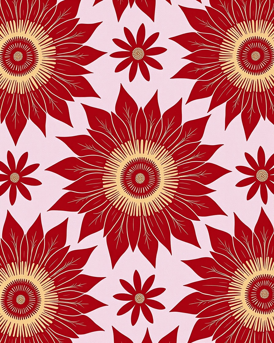 Vibrant Red Golden Sunburst Floral Rug