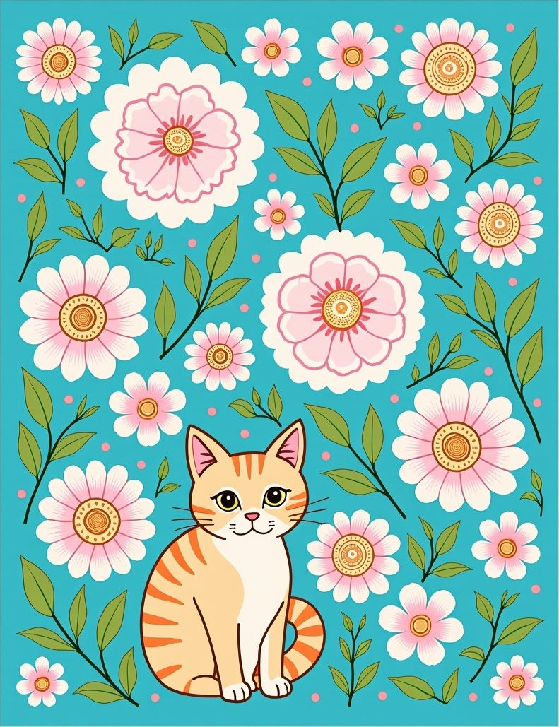 Whimsical Cat Floral Garden Turquoise Rug