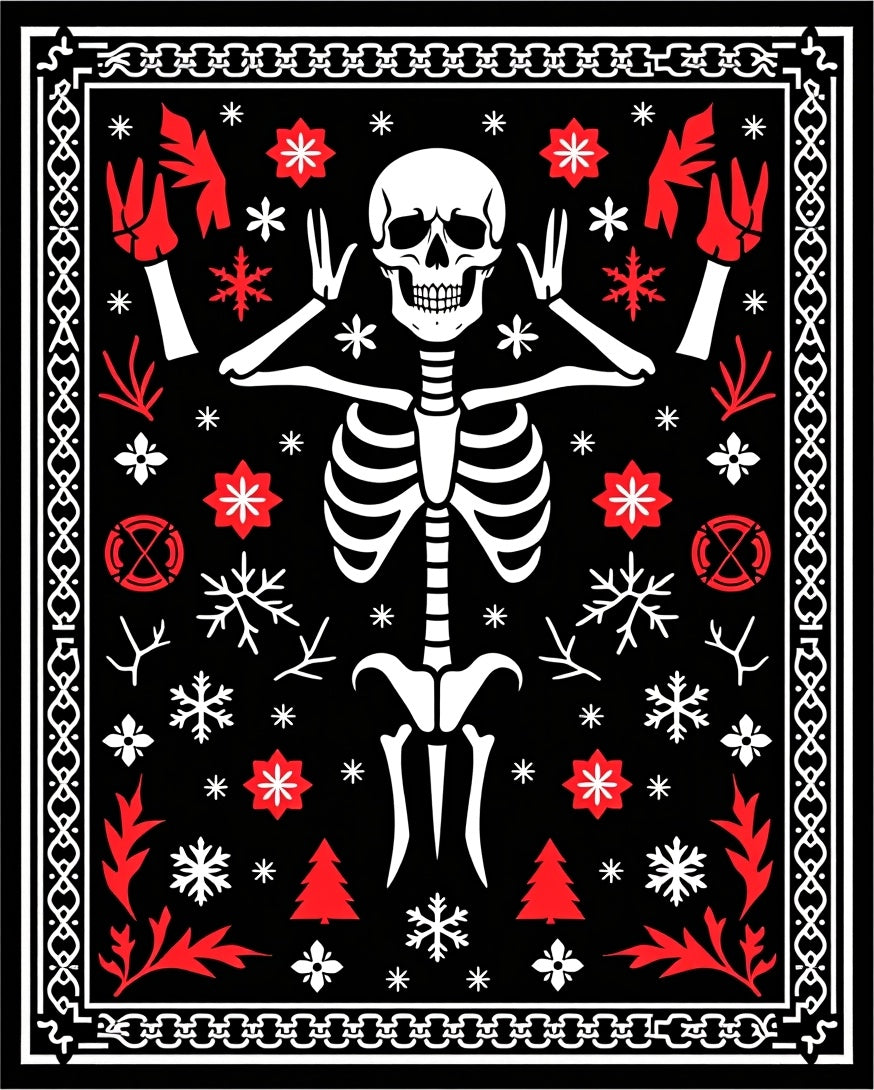Spooky Skeleton Black Red Winter Rug