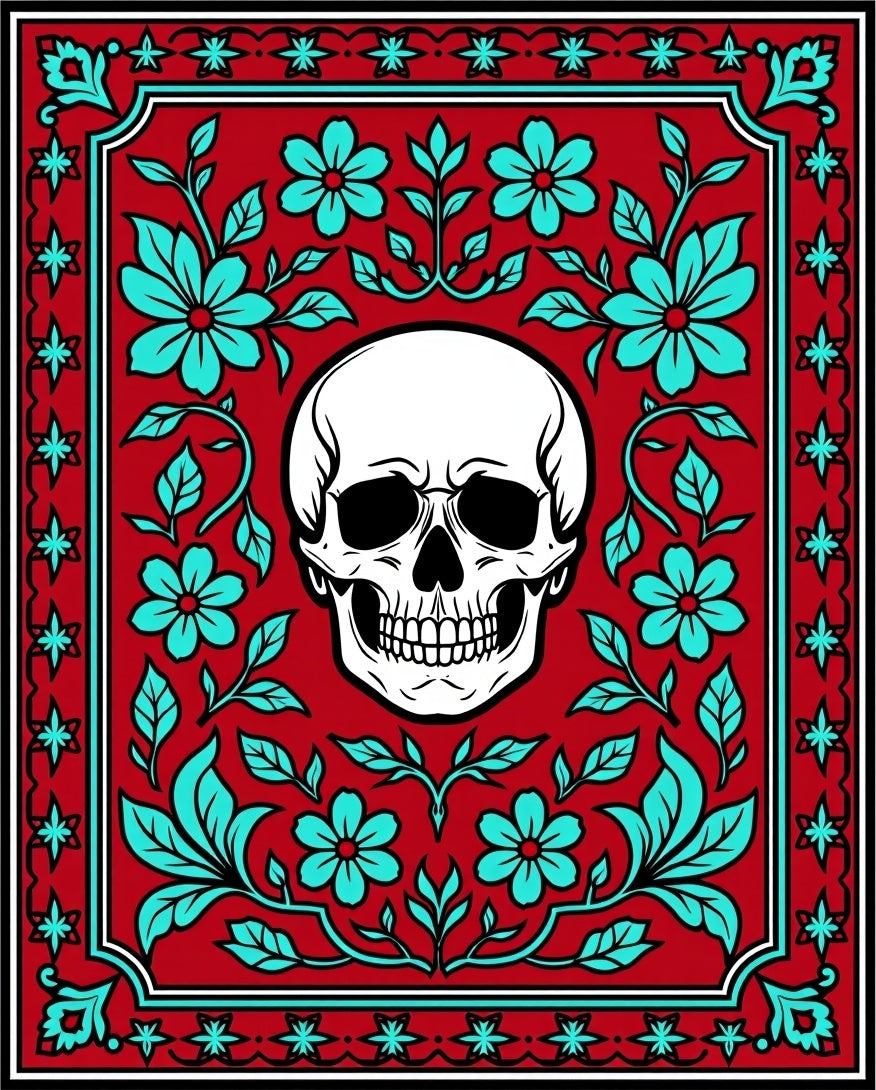 Red Skull Floral Border Rug