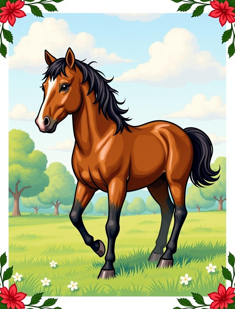 Brown Horse Meadow Landscape Illustration Rug