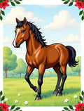 Brown Horse Meadow Landscape Illustration Rug