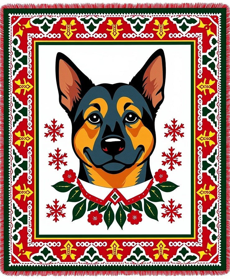 Festive Dog Portrait Red Green Border Rug