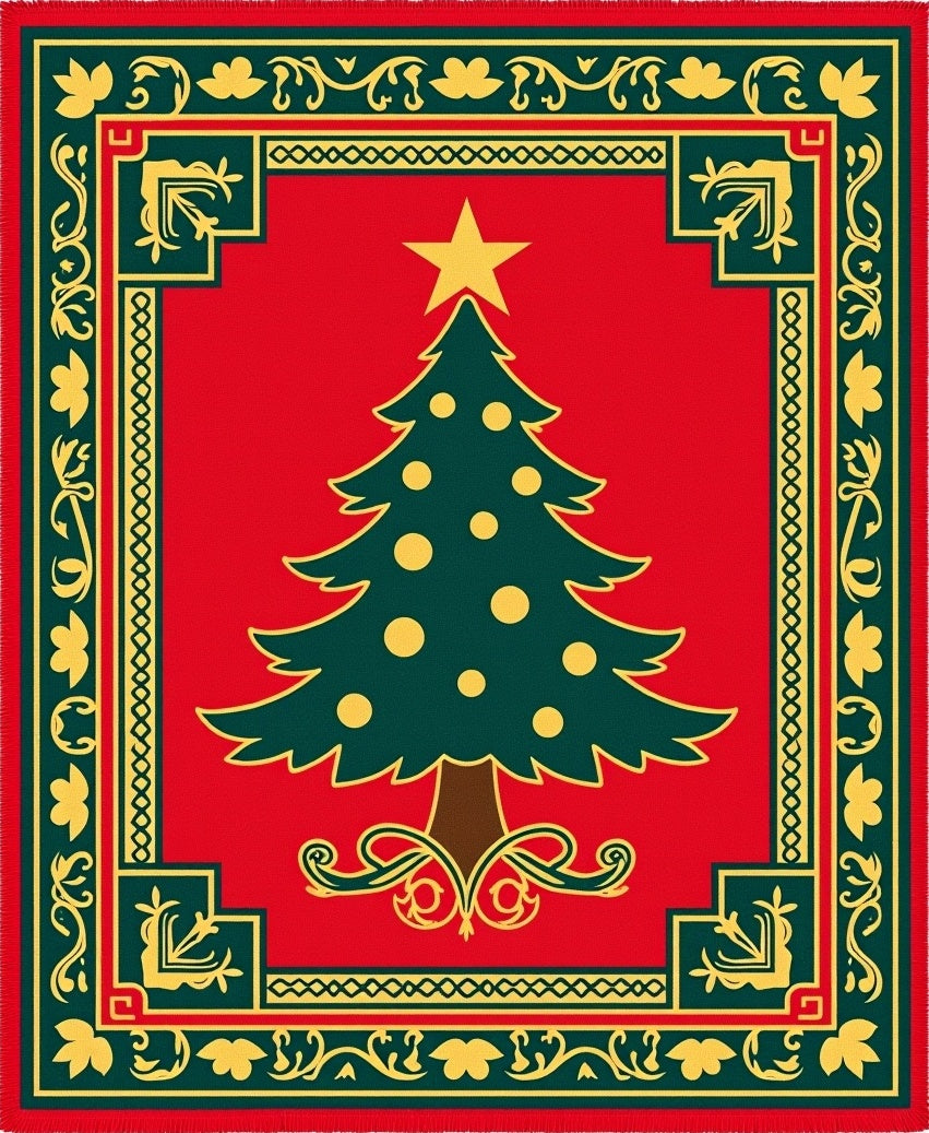 Festive Red Christmas Tree Border Rug