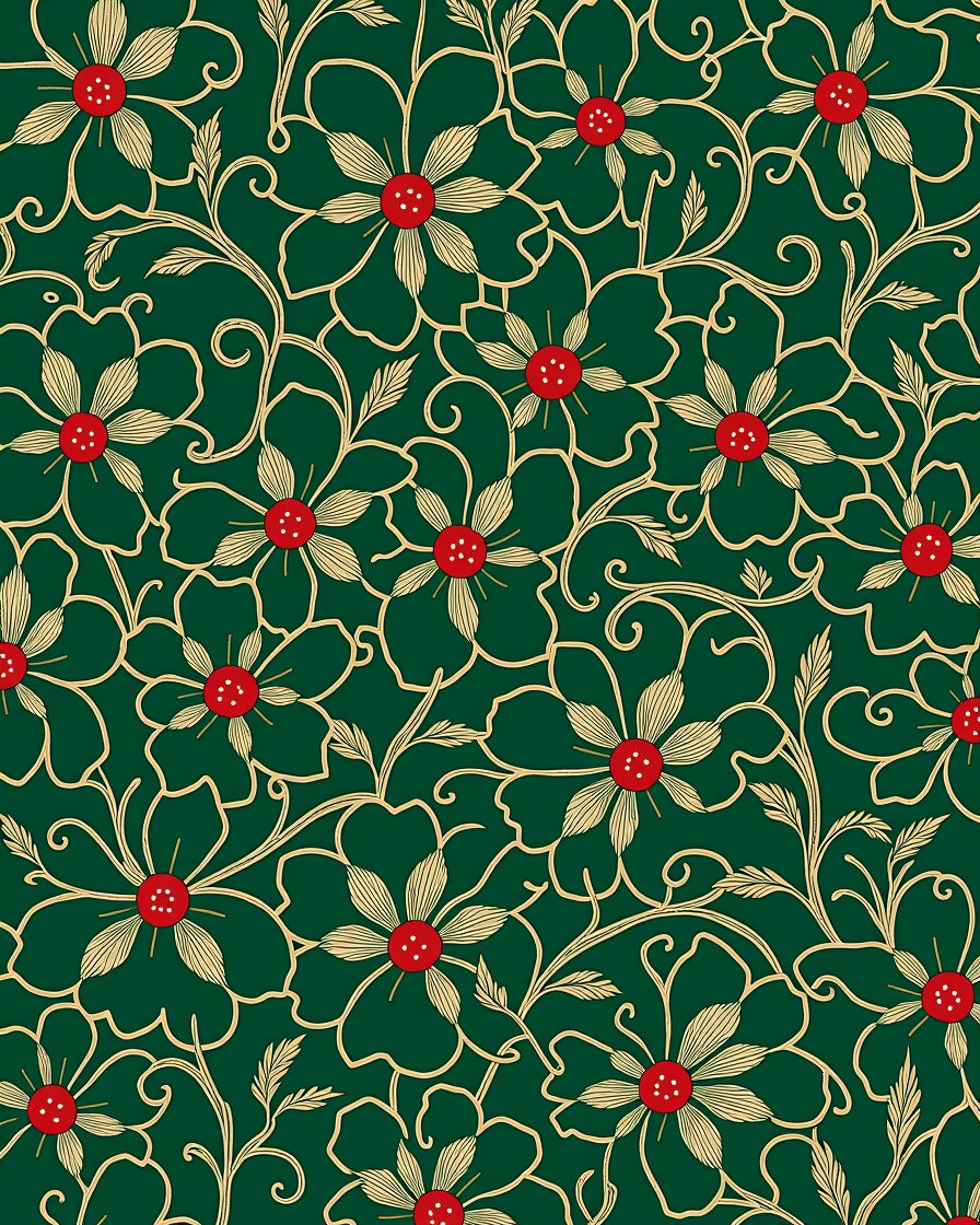 Emerald Green Floral Vines Red Accents Rug